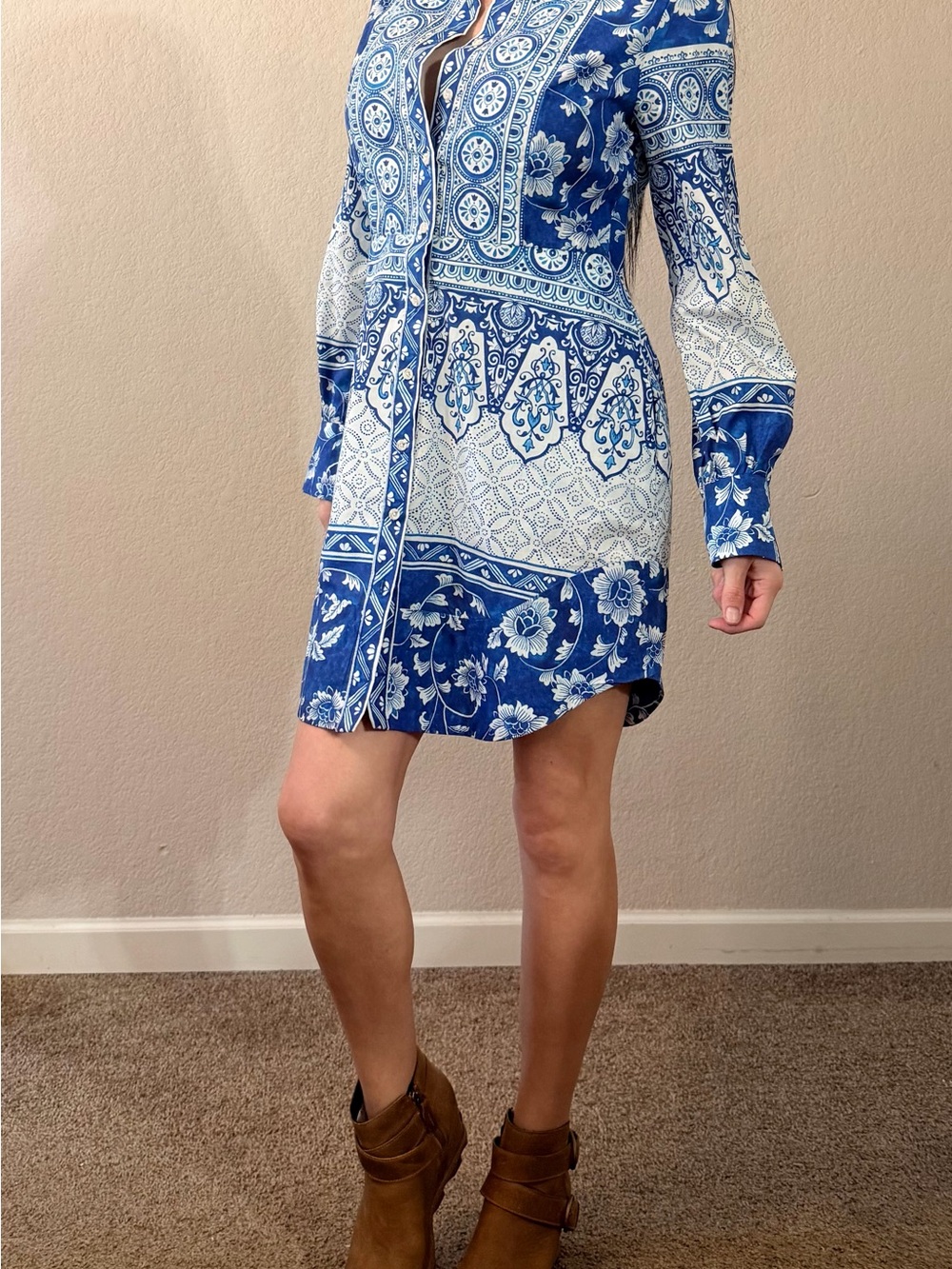 Anthropologie Blue & White Printed V-Neck Buttonfront Shirtdress